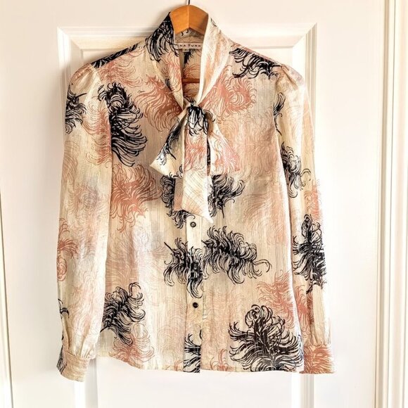 Trina Turk Black Pink Cotton Silk Metalllic Tie Neck Top - Picture 1 of 5